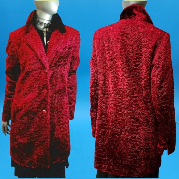 Vintage Red Velvet Textured Coat Jacket Mercedes New York Sz 14 USA Made Y2K - Picture 4 of 10